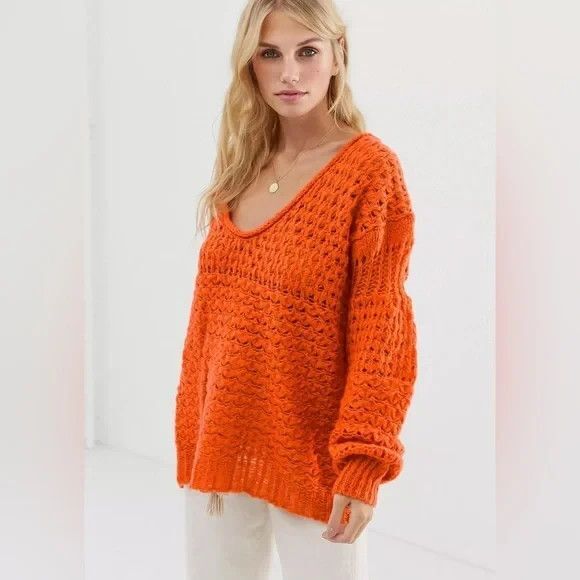 Free People Crashing Waves Pullover Chunky Knit Sweater Orange L - Picture 1 of 11